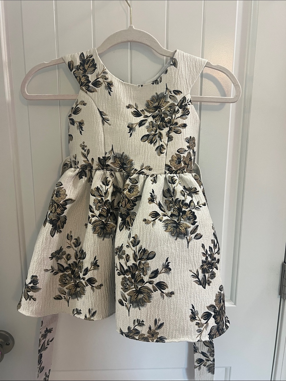 Girls White Floral Party Dress with Gold and Black Accents